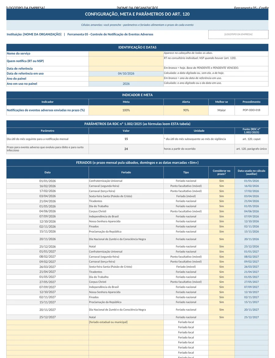 Trecho real do arquivo 05 Controle de Notificacao de Eventos Adversos (Excel)